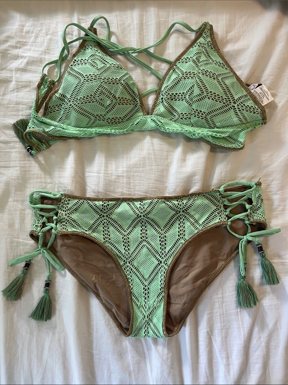 BECCA Mint Green Crochet Bikini with Tan Trim